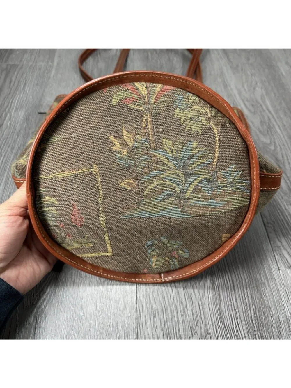 Tommy Bahama Vintage Handmade Tropical Palm Trees Canvas Round Leather Bag